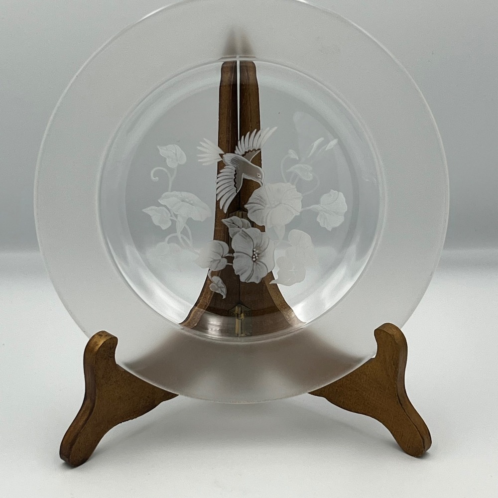 Etched Glass Plate Hummingbird Floral Design Decorative Display